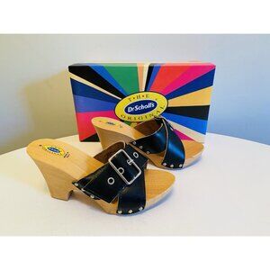 Dr Scholls Women Size 6 Wood High Heel Clog Sandal Black Leather New Italy